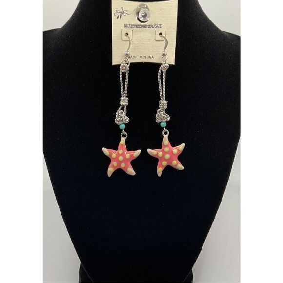 Starfish Earrings Pink Yellow Blue Silver Tone Fishhook Wire Beach Length 3 1/2” - Picture 1 of 8